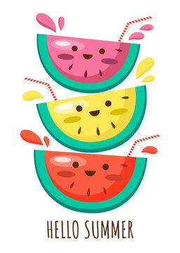 watermelon with a Colorful wallpaper vector background. Ripe watermelon. Decorative illustration design, good for printing. Overlapping background design, lettering, Hello summer.