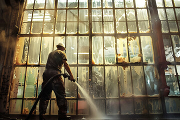 Industrial worker cleaning window in factory with hose