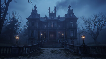 Elegant 19th century mansion on a foggy evening with mysterious ambiance