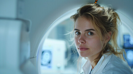 A Female doctor working on computer in doctor's office, looking at MRI scan, test results of patient. Doctor consulting scan with other doctors.