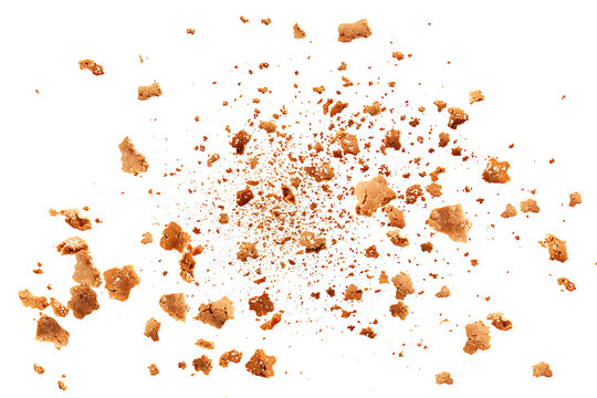 Pile cake crumbs, cookie flying isolated on white, clipping path