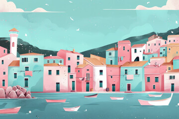 Pastel coastal town with boats and calm sea illustration - 796488001