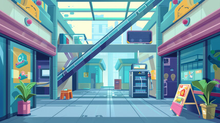 Colorful shopping mall interior in cartoon platformer game style - 796488006
