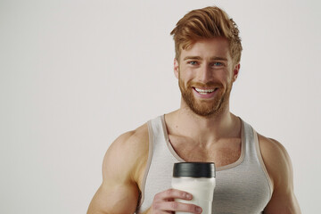 A handsome and healthy man holding a healthy whey protein shaker with a healthy smile, Wear a tank top, white background
