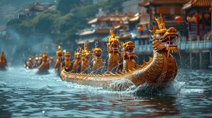 Gliding Elegance: A Spectacle of Dragon Boats. Generative AI