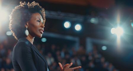 Inspirational African American woman captivates her audience at professional conference, her expression passionate as she speaks. The spotlight and blurred audience background emphasize her charizma - Powered by Adobe