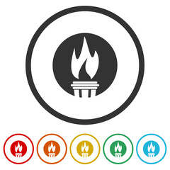 Torch with flame cup icon. Set icons in color circle buttons