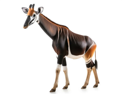 Okapi auf vier beinen isoliert auf wei&szlig;en Hintergrund, Freisteller 