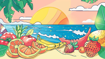 Colorful summer scene with fresh fruits and ocean view - 796488224
