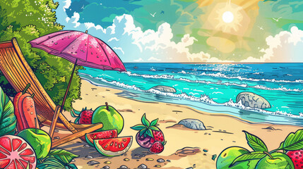 Colorful summer beach scene with fruits and umbrella - 796488227