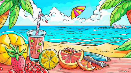 Colorful summer beach scene with fruits and cool drink - 796488287
