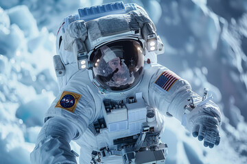 Astronaut floating in space with American flag on spacesuit - 796488292