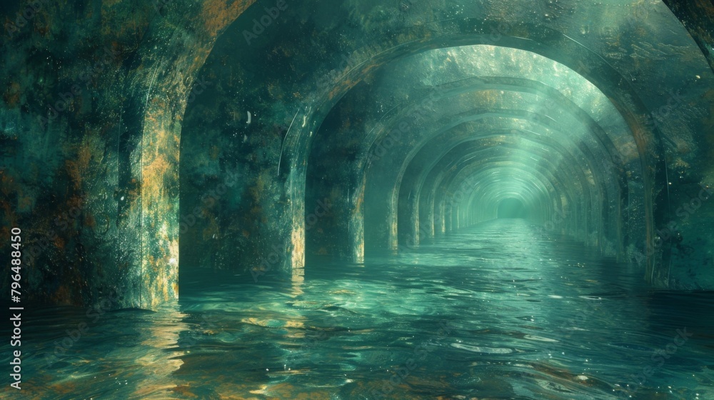 Poster a dark and mysterious tunnel symbolizing the transition from life to death and the unknown realm of 