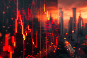 Dramatic stock market downturn against city skyline - 796488441