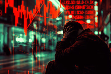 Despondent man amidst falling stock market indicators - 796488481