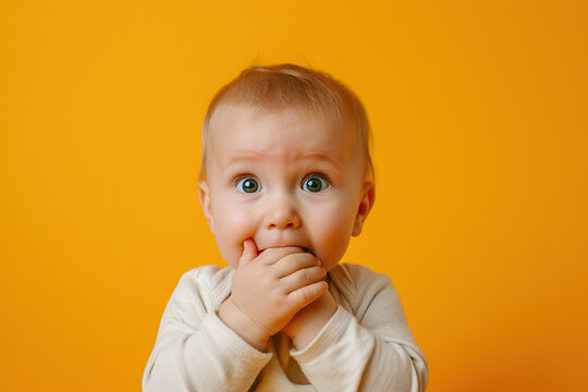 Nervous baby boy and biting nails in studio with oops reaction to gossip on yellow background