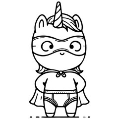 a cute unicorn wearing a superhero mask and cape, with underwear on the outside of its pants