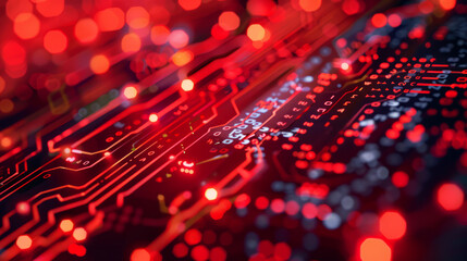 Detailed view of illuminated red circuit board technology