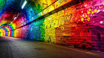 Vibrant rainbow graffiti murals covering every inch of a tunnel wall.