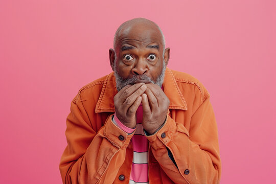 Nervous senior African American man in studio with oops reaction on pink background. Mistake, sorry, drama or secret with regret, shame or awkward