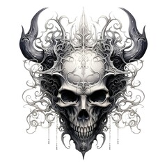 gothic demon skull men's by taj, in the style of metal compositions, necronomicon illustrations, cosmic symbolism, hellish background, monochrome canvases, subtle luminosity, opulent ornaments