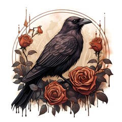 a raven on roses, in the style of tivadar csontváry kosztka, dark amber, dynamic chiaroscuro, dave coverly, henriëtte ronner-knip, ravencore, soft-edged