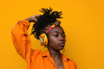 Young African American woman wearing headphones on a orange background listening to her favorite...