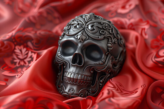 image of a skull on red fabric, illustration for the design of stickers, posters and drawing books.