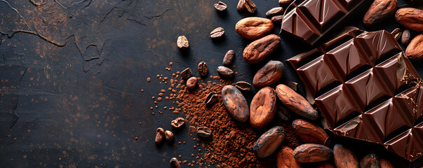 Cocoa beans and chocolate background with copy space for text. - obrazy, fototapety, plakaty