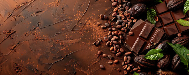 Cocoa beans and chocolate background with copy space for text.