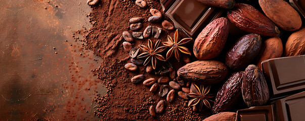 Cocoa beans and chocolate background with copy space for text. - obrazy, fototapety, plakaty
