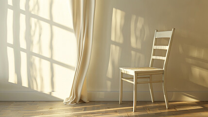 a single chair against an empty wall with soft sunlight filtering through sheer curtains