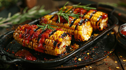 Tasty grilled corns with sauce on metal plate