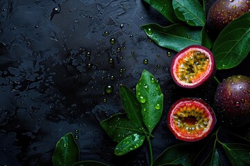 Passion fruit on dark background.