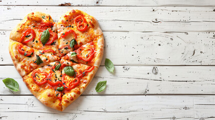 Tasty heart-shaped pizza on white wooden background. 