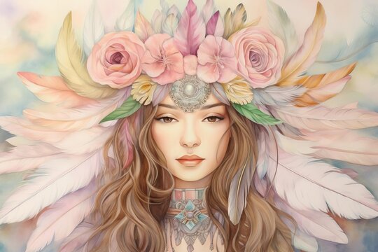 Boho Flower Crown, Depict a flower crown adorned with bohemian blooms, feathers, and ribbons, against a watercolor background in soft, muted tones, evoking the free spirited vibe of a bohemian festiva