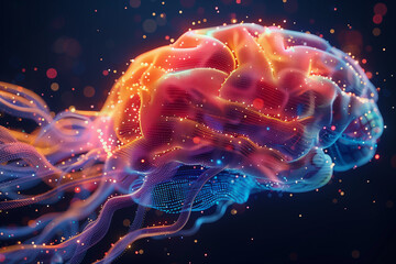 Illustration of colorful brain with pixels and wires levitating against black background, 3d, illustration