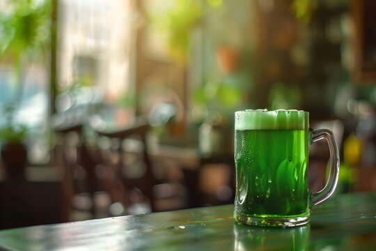 Green beer in a glass on a table for St Patricks Day. Concept St Patrick's Day, Green Beer, Celebration, Holiday, Irish Culture