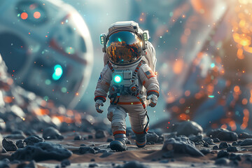 Baby astronaut wearing Extravehicular Mobility Unit and helmet walking in outer space against spaceship, 3d, illustration