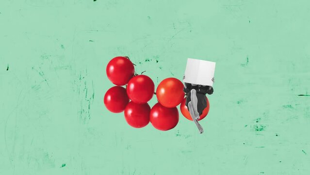 Stop motion, animation. Stylish woman sitting on yummy, fresh tomatoes over green background. Garden vegetable. Concept of retro style, creativity, surrealism, imagination. Copy space or ad, poster
