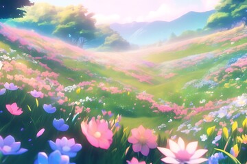 アニメ風春の水仙畑の背景, アニメ風の春の花の風景