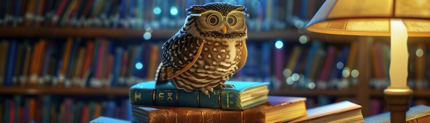 A curious cartoon owl perches on a stack of colorful books, wearing tiny round glasses, illuminated by a soft lamp light in a cozy, moonlit library, cartoon concept