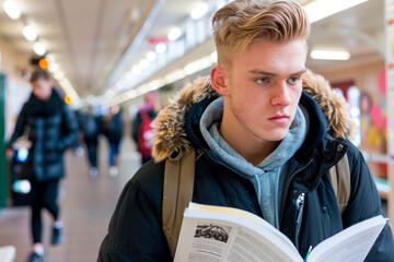 Young man with a magazine spends time in a modern airport