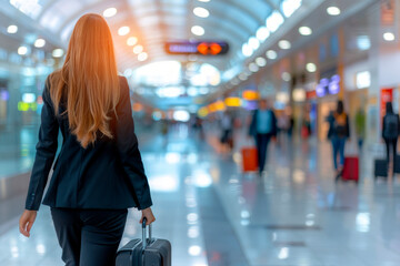 A girl with luggage takes off from a bright modern airport