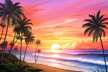 Fototapeta na wymiar Surfers Paradise, Capture the essence of a tropical surfers paradise with a sunset backdrop, featuring rolling waves, surfboards, and palm trees against a backdrop of fiery orange and pink skies