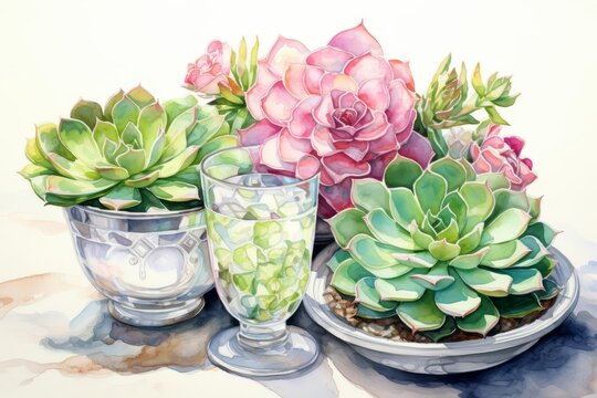 Succulents and Margaritas Combine illustrations of succulents with glasses of margaritas nearby