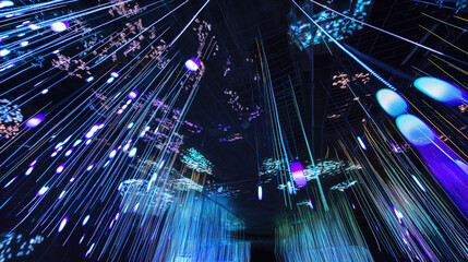 Presentable background for design, text, information placement, slogans and logos. Template, panel.Texture with visual lighting effects and dynamic abstractions of lights and neon random lines.