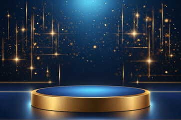 blue podium stage with sparkling stars, products mockup