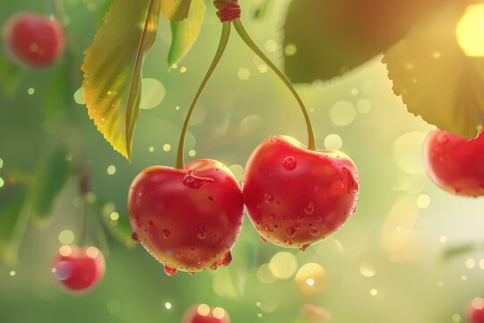 A pair of cherries, linked by their stems, swing joyously from a fruit tree, singing duets as a gentle breeze dances around them, cartoon concept