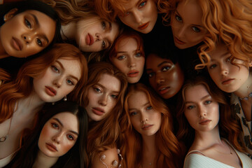 Fototapeta premium Faces of models of different nationalities and ages. Lots of beautiful girls. Fashion and women's beauty industry